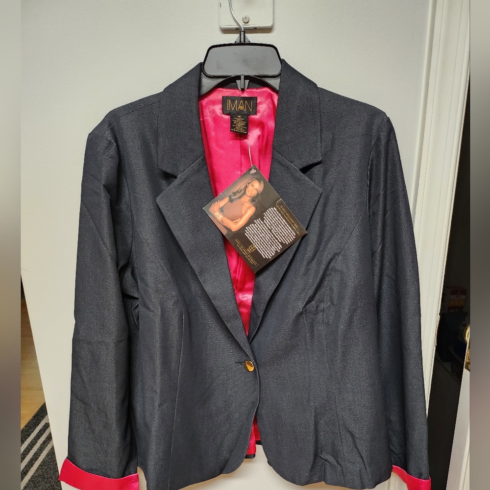 Beautiful Iman peplum jacket, black/dark navy w/pink lining, size 1X, NEW